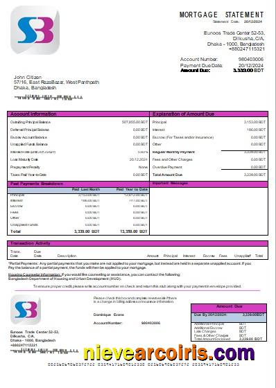 Bangladesh SB bank mortgage statement